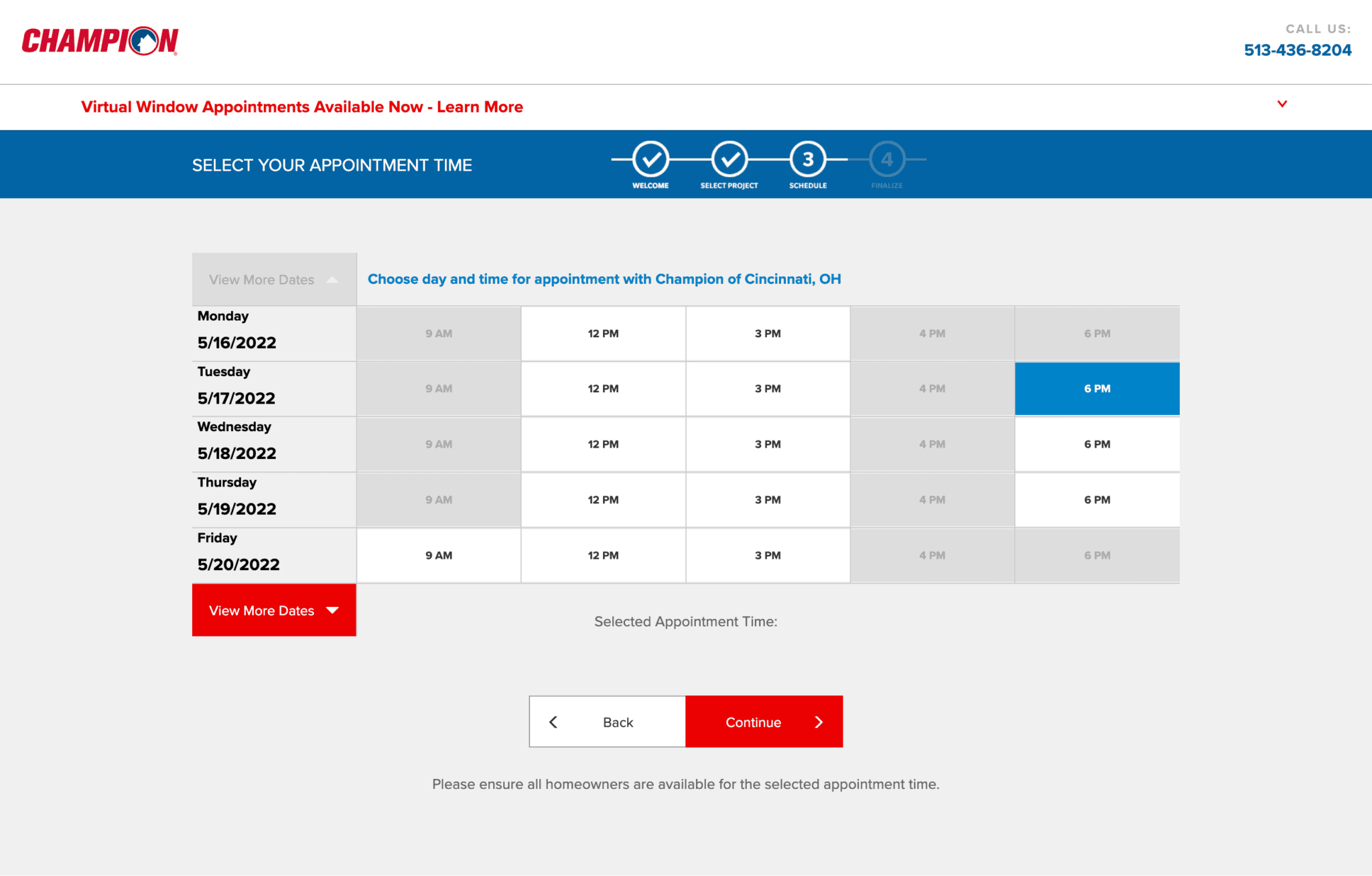 Champion Window Appointment Scheduling App