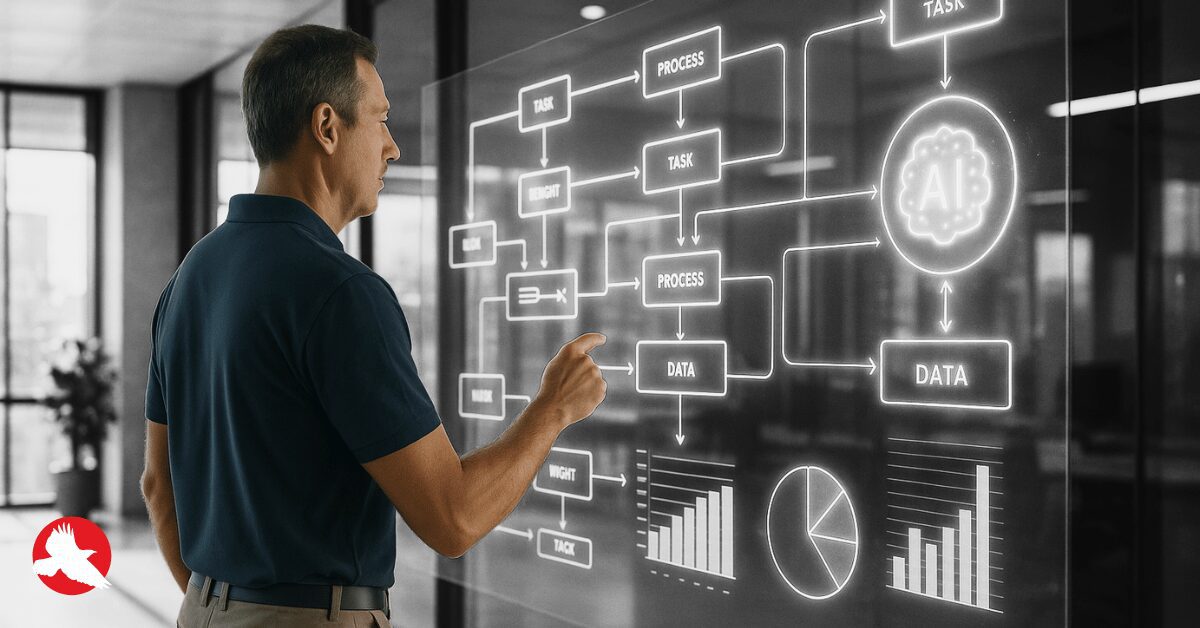 Business professional in a modern office reviewing a transparent digital screen with connected data flows, charts, and AI icons, representing AI-powered workflow automation and intelligent business transformation.