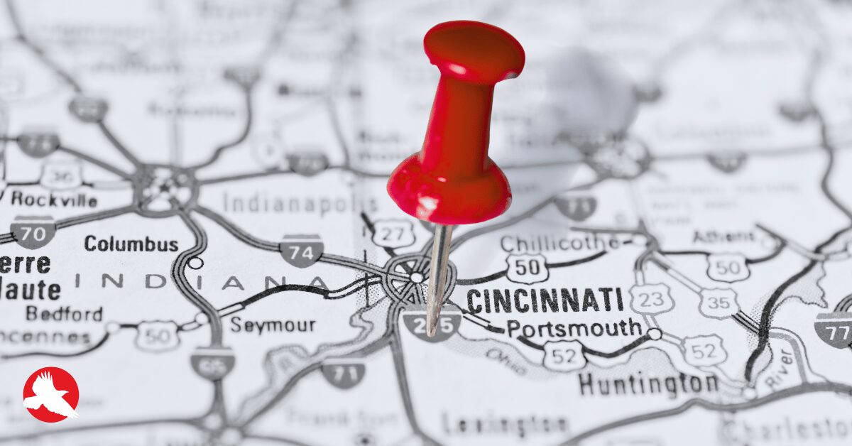 Red pushpin marking Cincinnati, Ohio on a Midwest map — representing Red Hawk Technologies’ presence in the Ohio and Kentucky IT software development market.